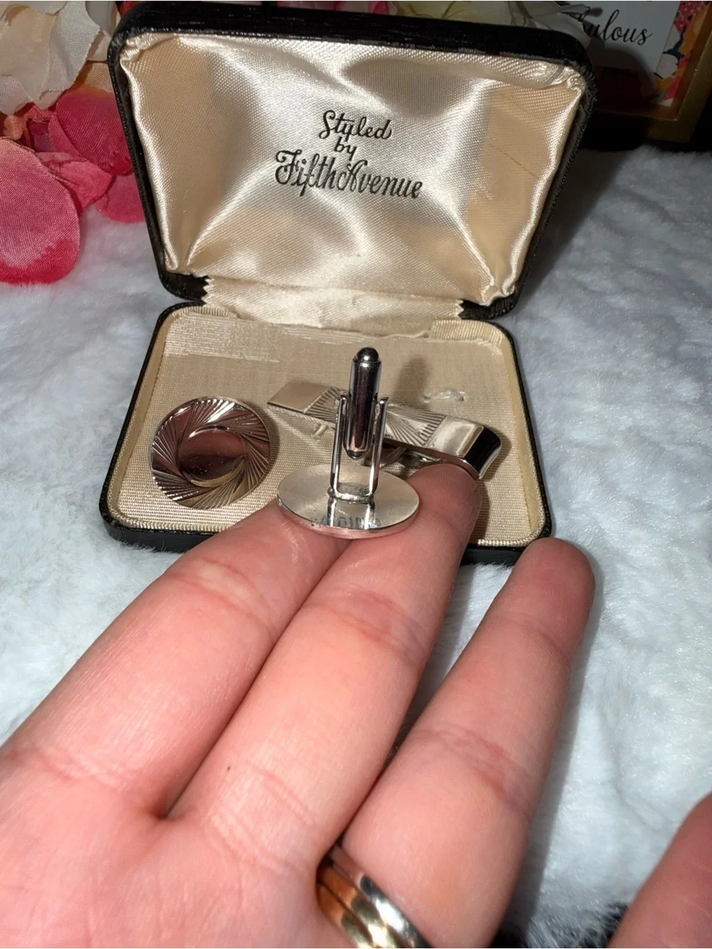 Vintage Fifth Avenue Silver Tone Cufflinks Tie Clip Set w/ Original Box